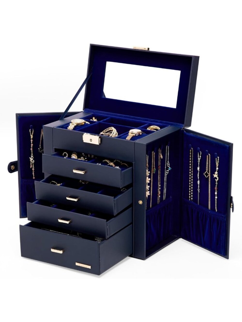 Large Mirrored Jewelry Box Organizer - Lockable Storage for Rings, Necklaces